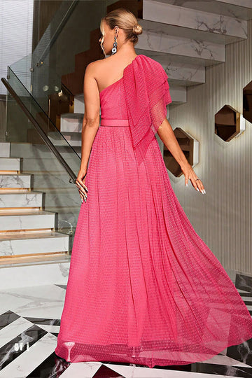 Coral One Shoulder Tulle Long Formal Dress with Belt